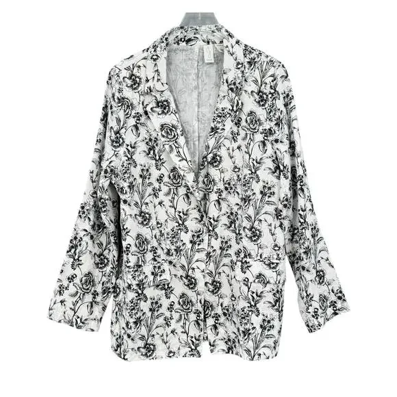 Joie Black & White Floral Print 100 Linen Longline Business Casual Blazer Jacket - Picture 6 of 12